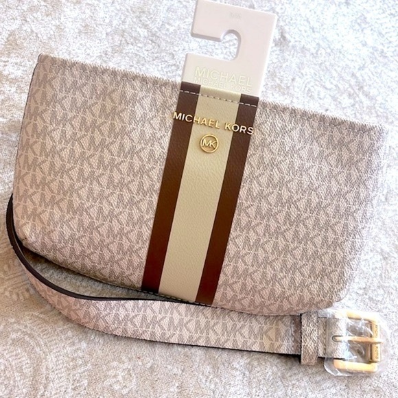 Brand New Michael Kors Vanilla Logo Belt Bag Center Stripe Zippered Fanny Pack - Picture 1 of 15
